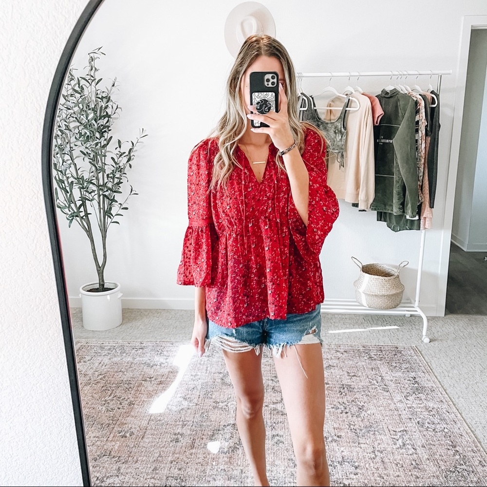 LUCKY BRAND Red Floral Chiffon BOHO Top - Picture 12 of 12